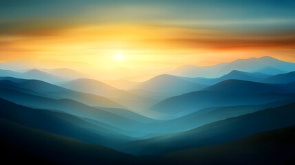 Breathtaking Sunrise Over Serene Mountain Range with Layers of Blue and Orange Hues in the Morning Sky
