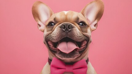 Cute French Bulldog with Pink Bowtie and Playful Expression on Bright Pink Background