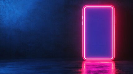 Vibrant Neon Smartphone with Empty Screen in Futuristic Dark Environment Highlighted by Electric Blue and Pink Lighting Effects