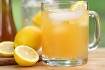 Fototapeta premium Refreshing cold lemonade with ice and fresh lemons on a wooden table