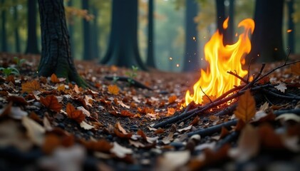Burning vegetation and forest floor with dry leaves, forest fire, wildland fire