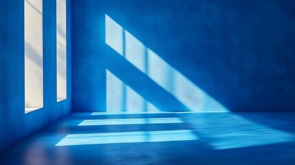 Obraz premium Sunlight streams through windows in a blue room. Perfect for minimalist design, interior concepts