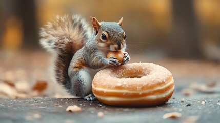 mischievous squirrel making off with a giant donut in forest background symbolizing food bandit wildlife humor snack stealing and playful animal behavior with funny character00
