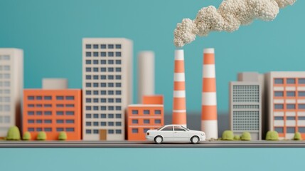 Obraz premium White Sedan Driving Past Model City with Industrial Smokestacks and Blue Sky Background in Minimalist Style