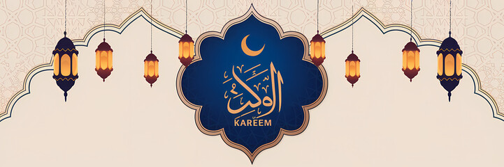 Obraz premium Luxury Ramadan Kareem Typography Design Featuring Elegant Arabic Calligraphy, a Crescent Moon, and Glowing Hanging Lanterns Framed in an Intricate Islamic Decorative Pattern for Ramadan Kareem
