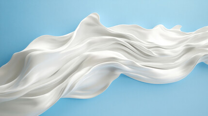 white milk swirl on a blue background, a flying splash of liquid milk or cream with drops and bubbles, milk splashes or waves isolated as a mock-up template for design.3d illustration.