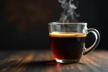Dark liquid coffee fills glass mug with rising steam, glass, opaque, steam