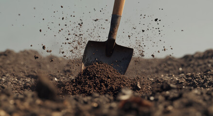 A shovel is buried in the ground, surrounded by scattered dirt and soil from recent digging, highlighting outdoor excavation work