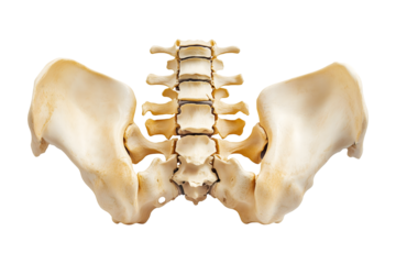 Human pelvic bone structure with sacrum and lower vertebrae on transparent background