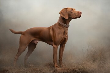 Hungarian vizsla dog standing in tall grass and fog