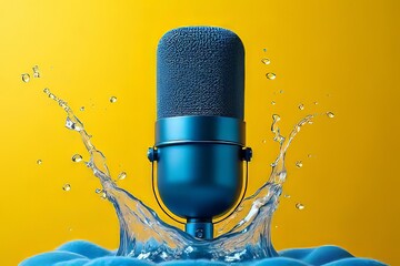 Blue Microphone in Water Splash on Yellow Background - Audio Recording Concept