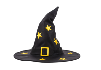 Classic Black Wizard Hat with Yellow Stars and Buckle on Isolated Background for Halloween or Fantasy Themes