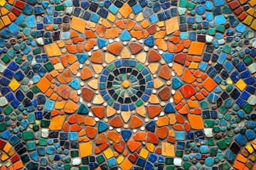 Muslim holiday greeting card with an Arabic arabesque design. Mosaic decorative detail in Islamic colors. Generative Ai