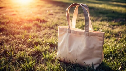A pink fabric shopping bag rests on summer grass, a stylish accessory for carrying gifts
