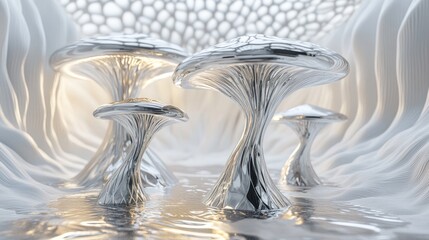 Chrome mushrooms glow in futuristic cave; abstract background, fantasy art