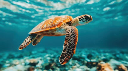 Obraz premium Elegant Sea Turtle Swimming Gracefully Underwater with Colorful Coral and Clear Blue Ocean Background
