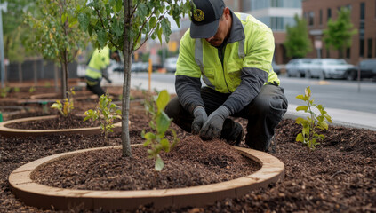 A team of workers plants new trees in the city, focusing on enhancing the landscape and promoting environmental health