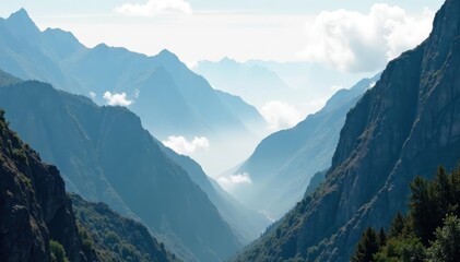 Fototapeta premium Foggy clouds cling to the sides of rocky mountains, narrow, clinging, steep