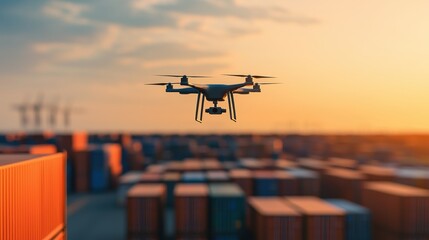 A drone hovers over a shipping yard at sunset, surrounded by colorful cargo containers, showcasing modern logistics and aerial technology.