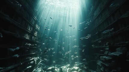 Fototapeta premium Sunbeams illuminate underwater city ruins, fish swim through.
