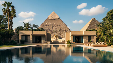 Obraz premium serene egyptian landscape with pyramids and sphinx in a green oasis merging desert monuments cultural heritage ancient architecture and tourism inspiration for global travelers