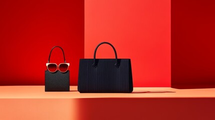 Stylish display of two handbags and sunglasses against a vibrant red backdrop, showcasing modern fashion