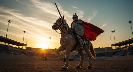 Fototapeta premium Majestic Knight on Horseback Silhouette - Symbolizing Chivalry and Courage - Historical reenactment event.