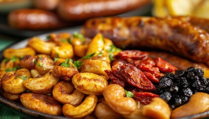 Roasted cashews, dried fruits, and sausages on a plate.