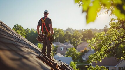Roofer on a residential roof inspecting damage, overlooking a suburban neighborhood at sunset.