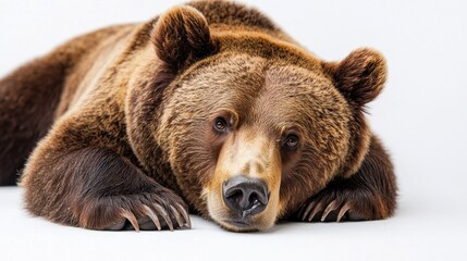 Fototapeta premium Close-up of a Grizzly Bear Resting Calmly with Soft, Warm Fur and Gentle Eyes on White Background
