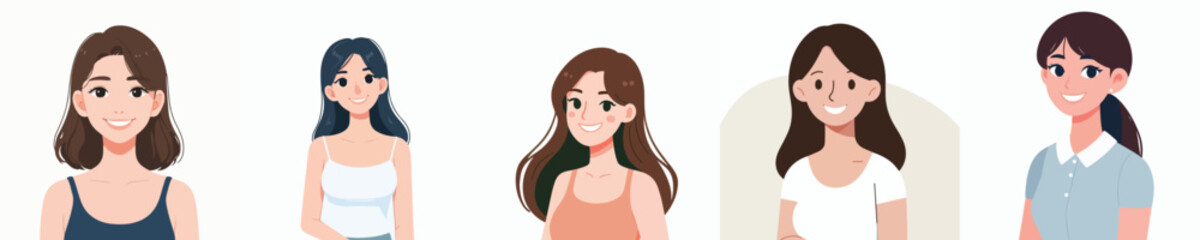 Vector set of young womenfemale, young, woman, girl, vector, set, person, character, cartoon, illustration, people, isolated, happy, adult, flat, collection, gesture, emotion, business, face, design, 