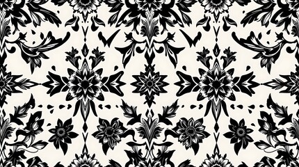Black and cream ornamental pattern: A repeating pattern of intricate floral and geometric motifs creates a striking, elegant design. 