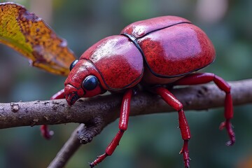 Close-up of a vibrant red beetle on a branch