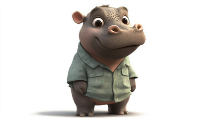 Fototapeta premium A baby pygmy hippotamus wearing a shirt and glasses, holding a laptop isolated on white background Generated AI Illustration.