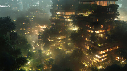 architectural vision of rooftops blending into canopy creating hidden woodland in city environment highlighting sustainable growth urban forest and green skyline