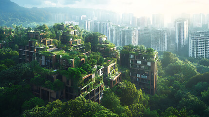 Obraz premium architectural vision of rooftops blending into canopy creating hidden woodland in city environment highlighting sustainable growth urban forest and green skyline