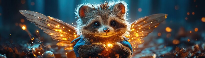 Naklejka premium Enchanted Raccoon with Wings Holding a Bright Light in Forest Setting