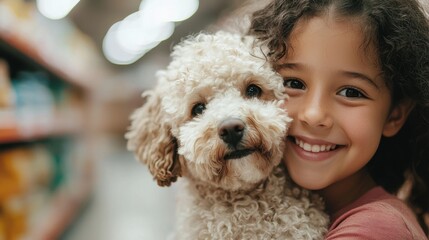 Joyful girl with curly hair hugging adorable dog in pet store aisle filled with colorful pet supplies