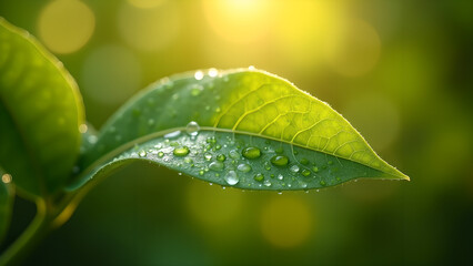 Fototapeta premium Fresh Green Leaf with Water Droplets Shining