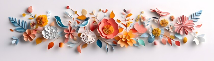 Obraz premium Colorful Paper Flowers and Leaves Arrangement in Shades of Orange, Blue, and Pink on White Background