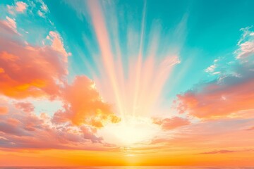 Fototapeta premium Beautiful sunset sky with clouds and sun rays, blending blue, orange, pink, yellow, and white hues for a stunning landscape view.