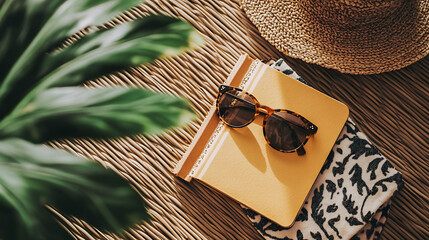 holiday packing essentials concept with notebook sunglasses and beach towel showcasing summer vacation lifestyle seaside escape outdoor relaxation gear and travel accessories