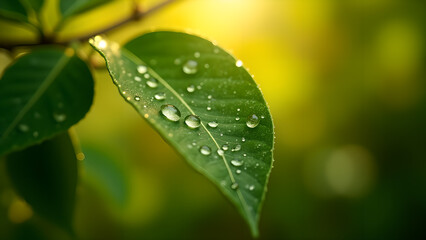 Fototapeta premium Leaf Glistening with Morning Dew Drops Beauty