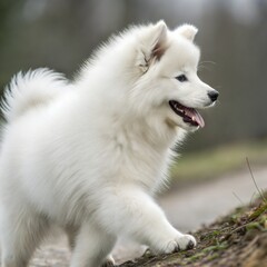 Fototapeta premium Portrait of a young Samoyed dog, showcasing its fluffy white fur and friendly expression