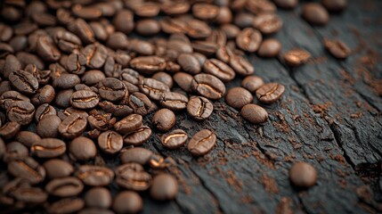 Fototapeta premium Freshly Roasted Coffee Beans Spread on Dark Rustic Surface For Coffee Lovers and Enthusiasts
