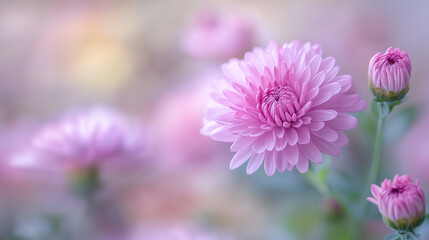 Fototapeta premium A close-up of a delicate pink chrysanthemum in full bloom and buds in a garden. The blurred background creates a dreamy and romantic atmosphere