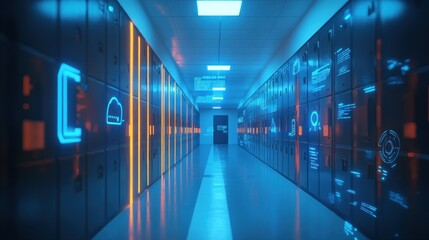 Futuristic server room corridor, data center, glowing network
