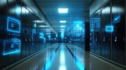 Data center hallway, digital monitoring, server room, glowing interface, network security