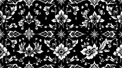 Floral pattern in a traditional art form: Intricate Thai-inspired design featuring a beautiful floral pattern in black and white, this decorative artwork suitable for textile, wallpaper.