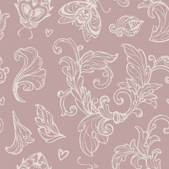 Fototapeta premium Vector hand-drawn seamless pattern featuring decorative floral elements and insects with skull motifs on a light brown background, suitable for wrapping paper, wallpapers, and fabric